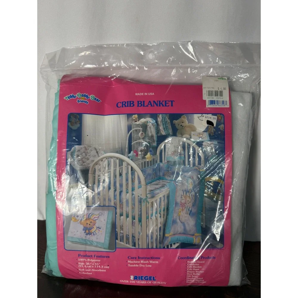 VTG Riegel Teddy Beddy Bear Friends Crib Blanket Satin / Nylon Trim‎ 36x45 NEW